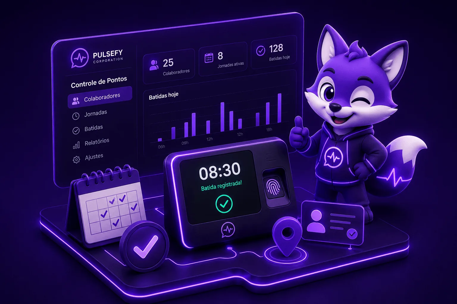 Tela do controle de ponto da Pulsefy com reconhecimento facial